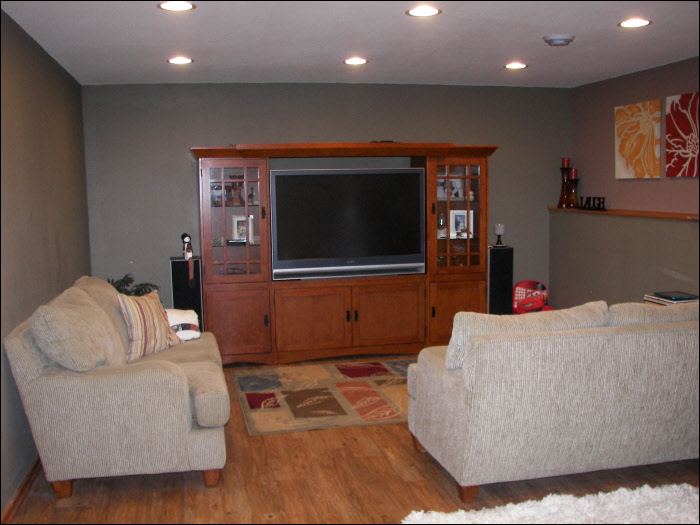 Basement living room with custom lighting