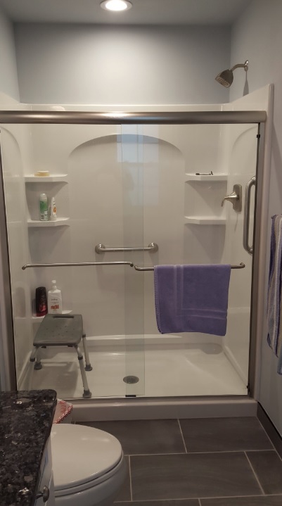Blue granite countertops and ceramic tile floor in Mequon bathroom remodel
